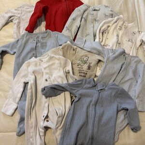 Assorted Baby Onesies All With Feet in Blue, Red, and White - 9 Total